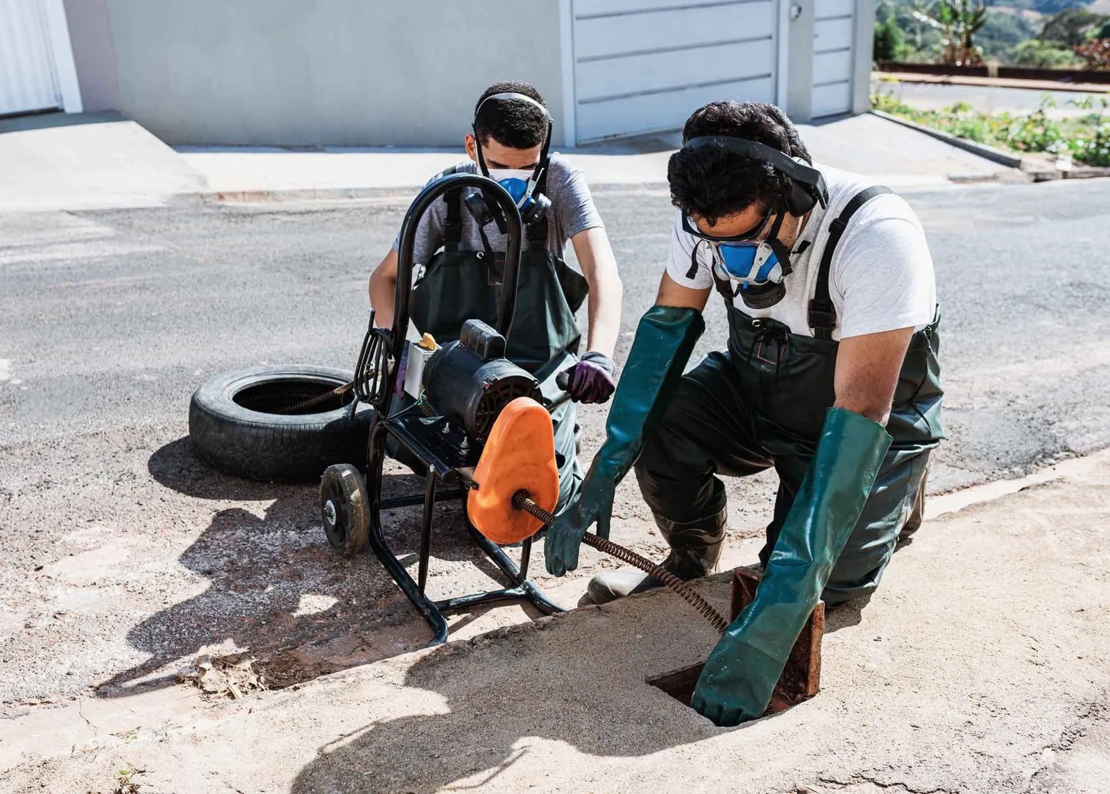 Drain technicians operating a powered drain snake at a residential sewer access